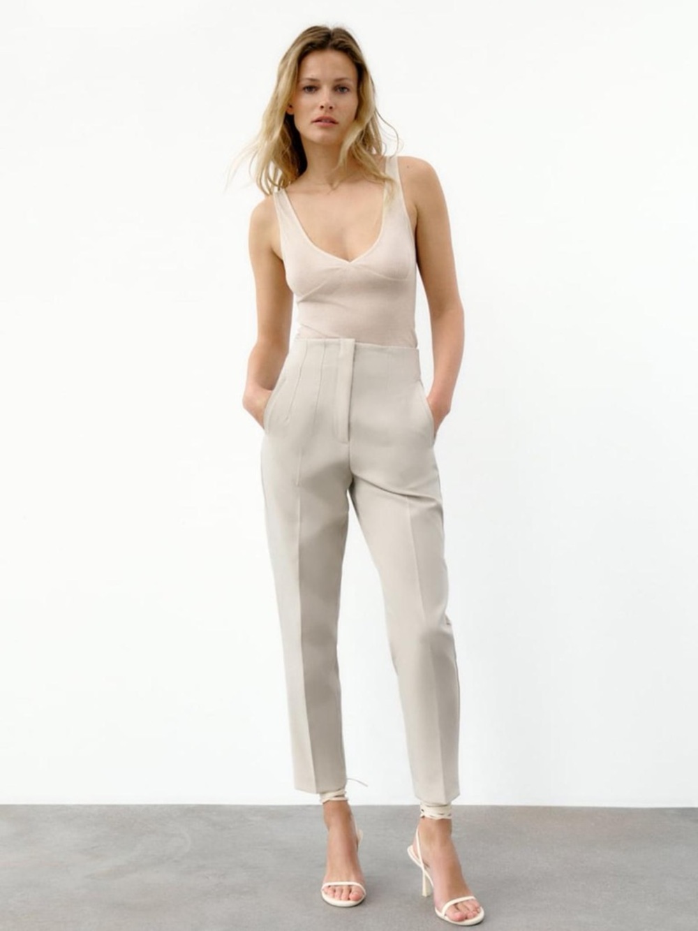 Zara High-Waist Tailored Ankle Pants - Cream